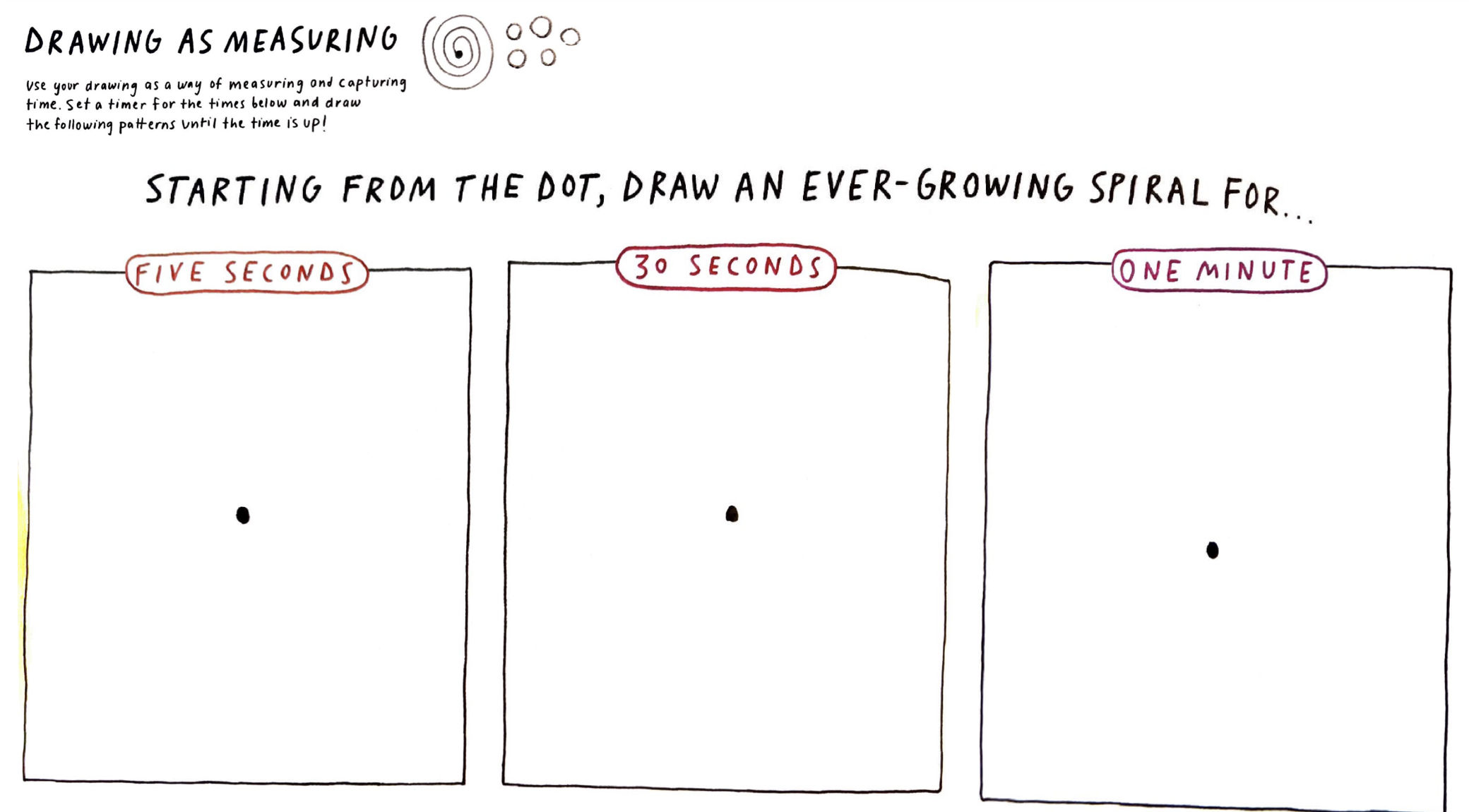 Starting from the dot, draw an ever-growing spiral for 5 seconds, 30 seconds, one minute